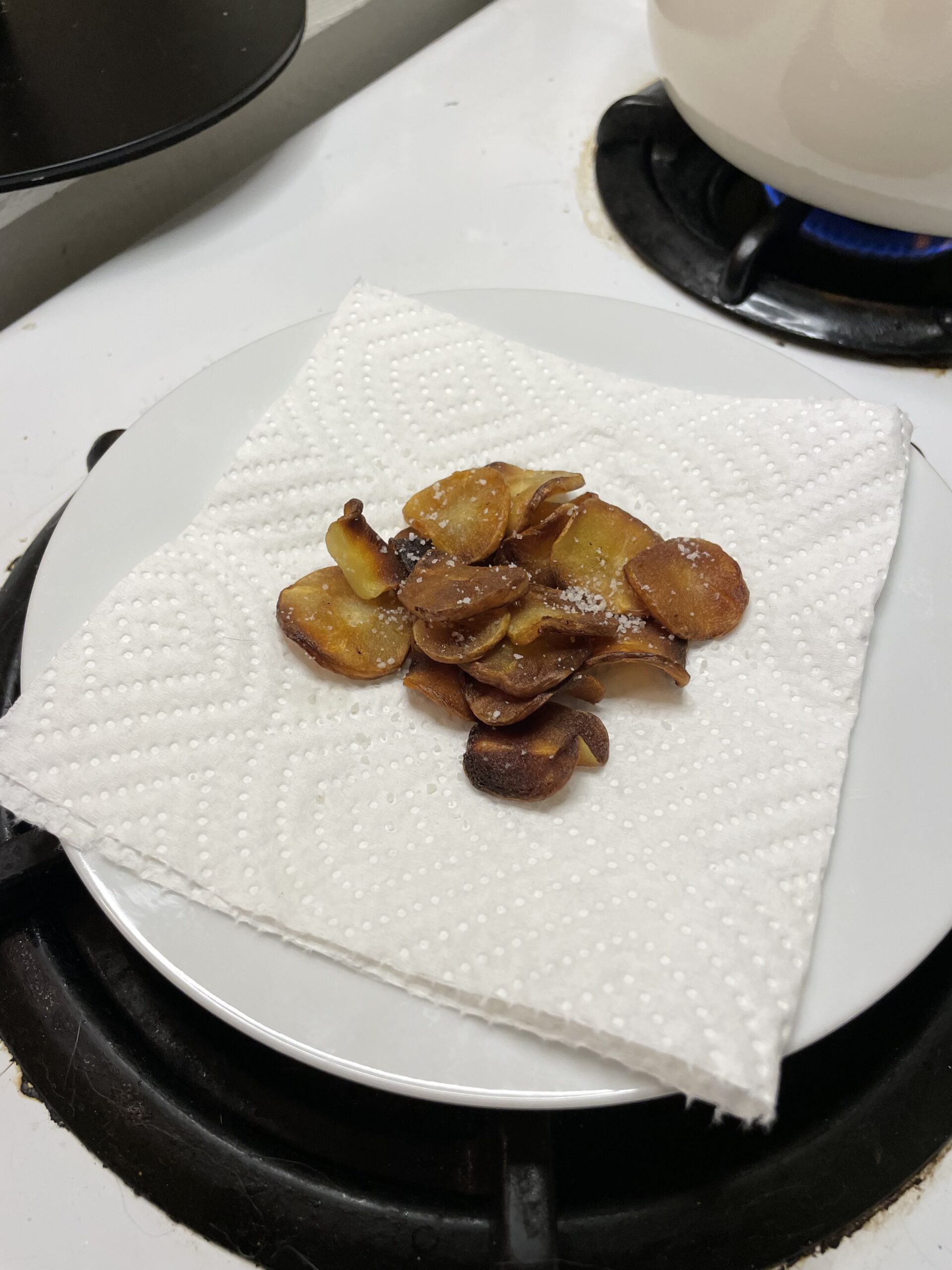 Crispy homemade parsnip chips resting on a paper towel-lined plate after frying, with visible salt flakes.